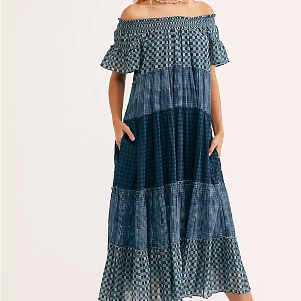 Free People Checkered Blue Midi Dress